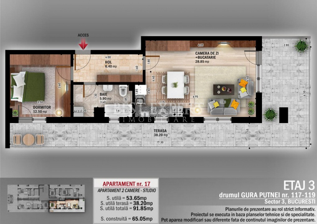 2 Camere Geam Baie si Incalzire Pardoseala -600 m STB