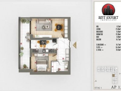 Apartament 2 camere Modern-Incalzire Pardoseala