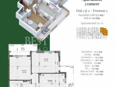 Apartament 3 camere – Confort modern, compartimentare eficientă