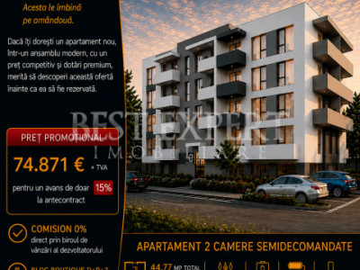 2 Camere Ideal Investitie -Bonus Parcare descoperita -Credit Ipotecar 15%