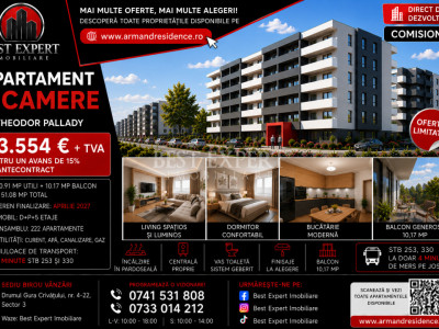 2 Camere Ideal Investitie|Discount 50% la Parcare pentru avans de 15%| Pallady