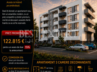 3 Camere Direct Dezvoltator| Bonus Parcare descoperita | Credit Ipotecar 15%