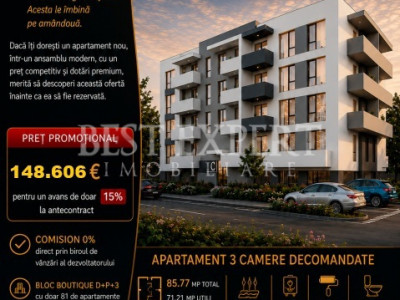 3 Camere | Avans 15% | Direct Dezvoltator | Bloc Intim | Comision 0%
