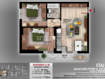 3 Camere Zona Linistita-Aproape de facilitati /600 m STB 